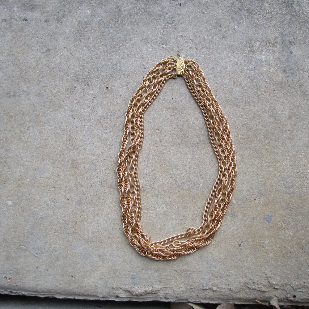 O.S  Brand Heavy Four Strand Gold Tone Metal Chain Necklace
